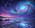 Thumbnail for Diamond Painting with a figure standing on rocks by the sea under a swirling galaxy.