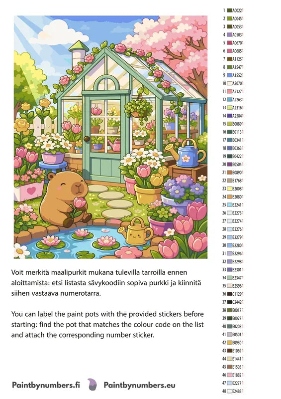 Paint color chart and instructions - capybara and Flowers Garden 40x50cm