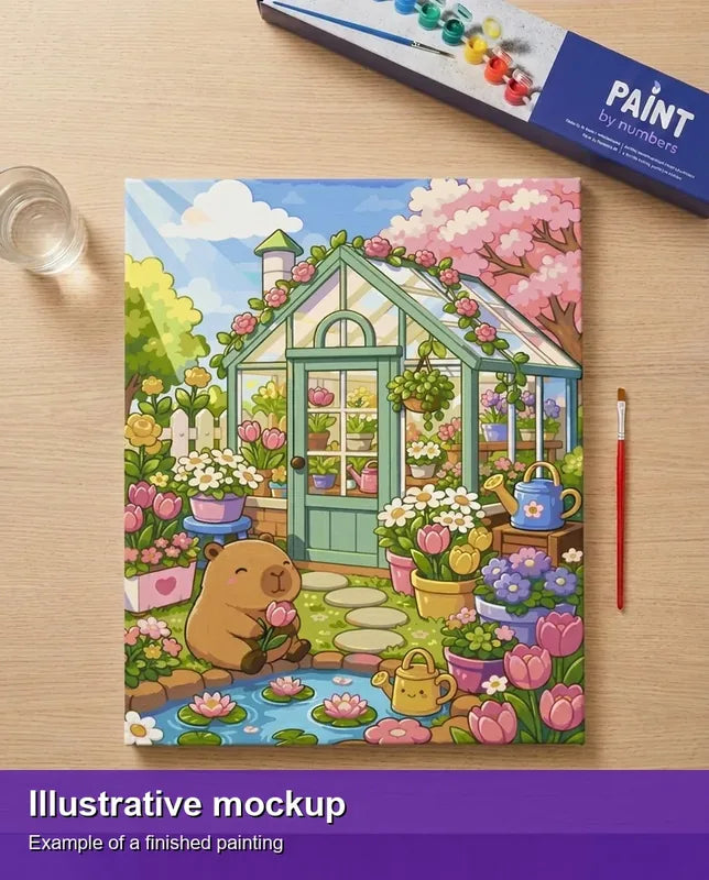 Finished paint by numbers mockup - capybara and Flowers Garden 40x50cm