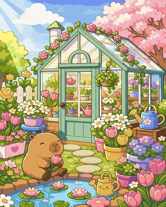 capybara in flower garden in front of greenhouse paint by numbers