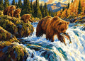 Thumbnail for Bears fishing in river paint by numbers. Autumn landscape, brown bears, flowing water.