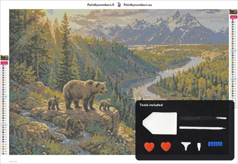 Diamond painting canvas preview with tools - Bear Family