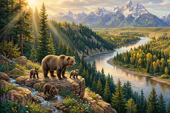 Diamond painting featuring a mother bear and three cubs standing in a mountain landscape by the riverbank.