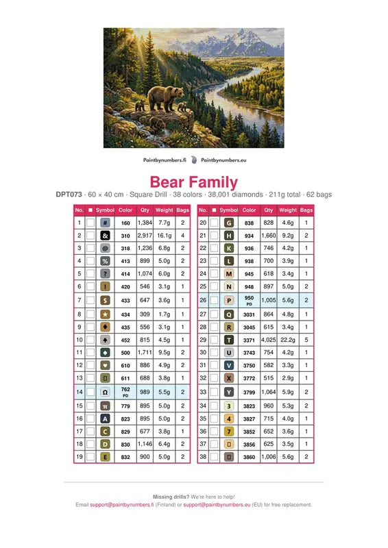 DMC color chart for Bear Family diamond painting - 38 colors