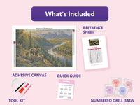 Thumbnail for Bear Family 60x40cm diamond painting kit contents: adhesive canvas, color chart, tools and diamond bags
