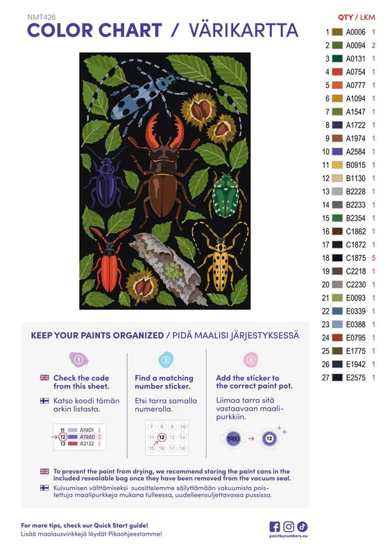 Paint color chart and instructions - Beetles of a Carpathian Beech Wood 40x60cm