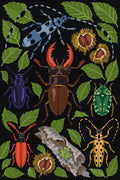 Thumbnail for Paint by numbers of beetles, beech leaves, chestnut husks and a piece of bark on a black background