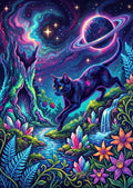 Thumbnail for Diamond Painting of a black cat in a magical space scene with crystals and colorful flowers.