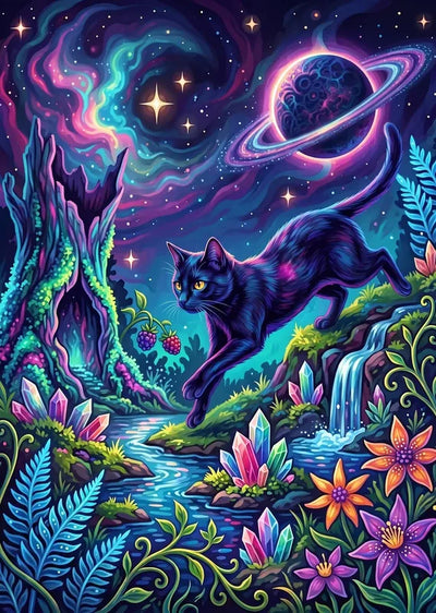 Diamond Painting of a black cat in a magical space scene with crystals and colorful flowers.