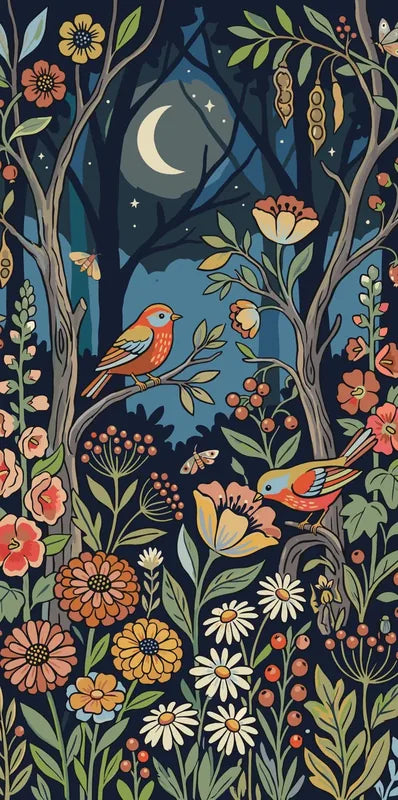 Two birds and flowers in a nighttime forest paint by numbers.