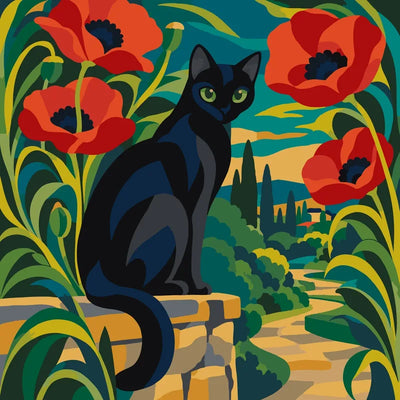 Black cat with green eyes on a stone wall among red poppies, paint by numbers
