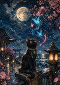 Thumbnail for Diamond Painting of a black cat beneath cherry blossoms and a moonlit sky, magical butterflies around.