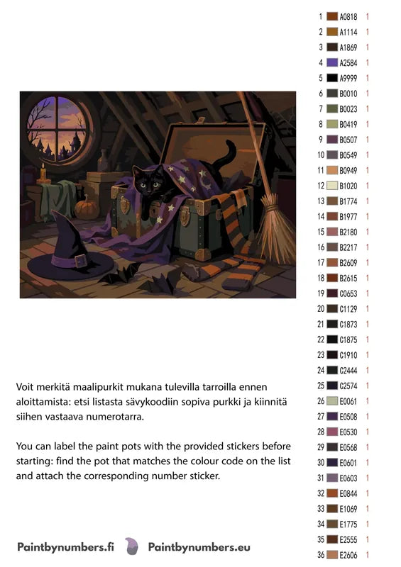 Paint color chart and instructions - Black Cat in Attic 40x30cm