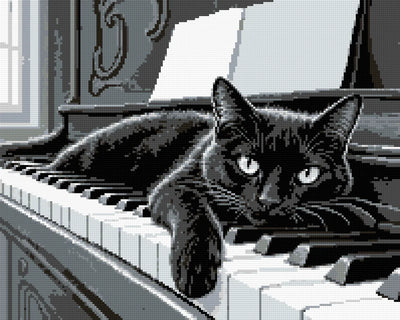 Svart katt på pianots tangenter i en bild med grå, svarta och vita toner