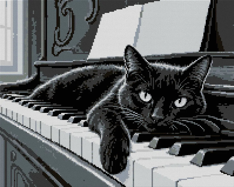 black-and-white black cat lying on piano keys, 50x40 cm diamond painting – full design preview