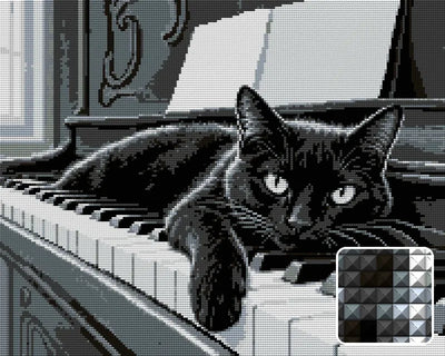 black-and-white black cat lying on piano keys, 50x40 cm diamond painting – design and close-up of square drills