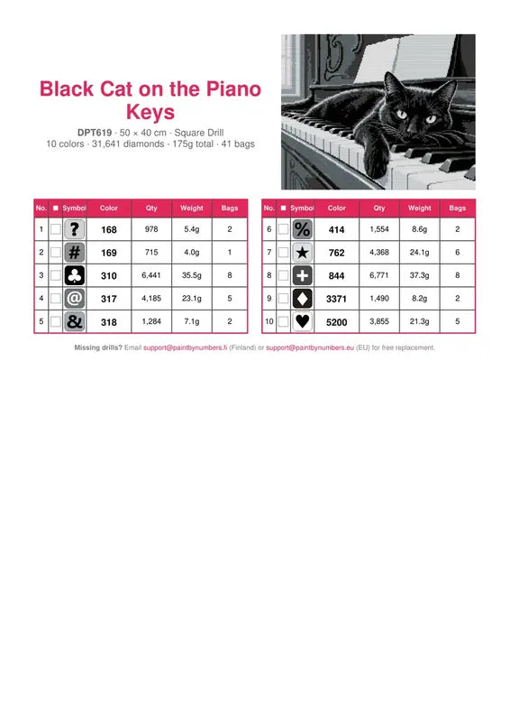 DMC color chart for Black Cat on the Piano Keys diamond painting - 10 colors