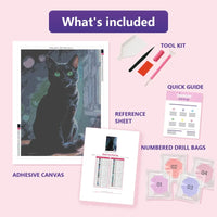 Thumbnail for Black Cat Portrait 60x80cm diamond painting kit contents: adhesive canvas, color chart, tools and diamond bags