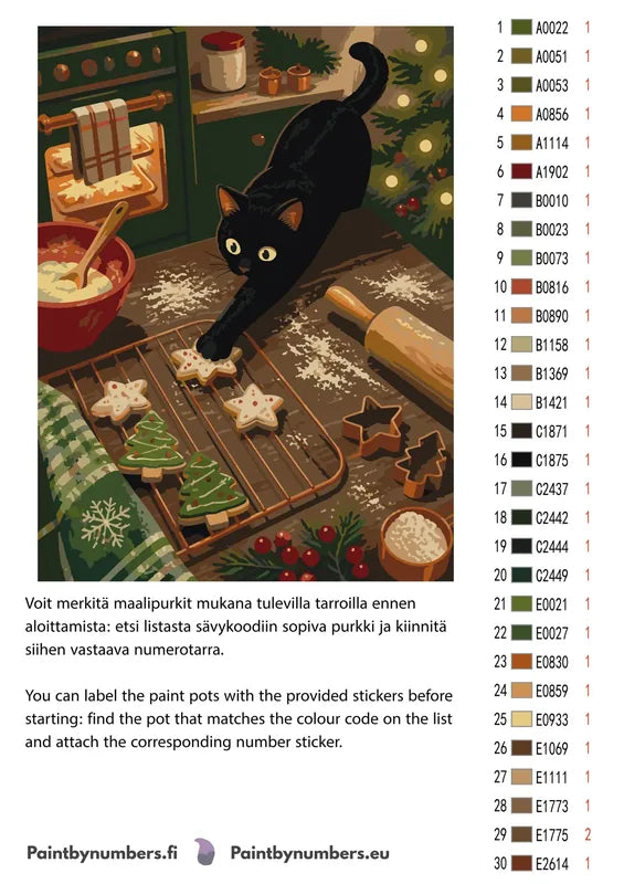 Paint color chart and instructions - Black Cat with Christmas Cookies 30x40cm