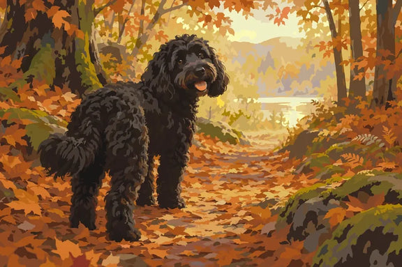 Svart hund med lockig päls framför en stig täckt av orange och gula löv