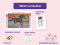 Thumbnail for Black Horse at Sunset 30x20cm diamond painting kit contents: adhesive canvas, color chart, tools and diamond bags