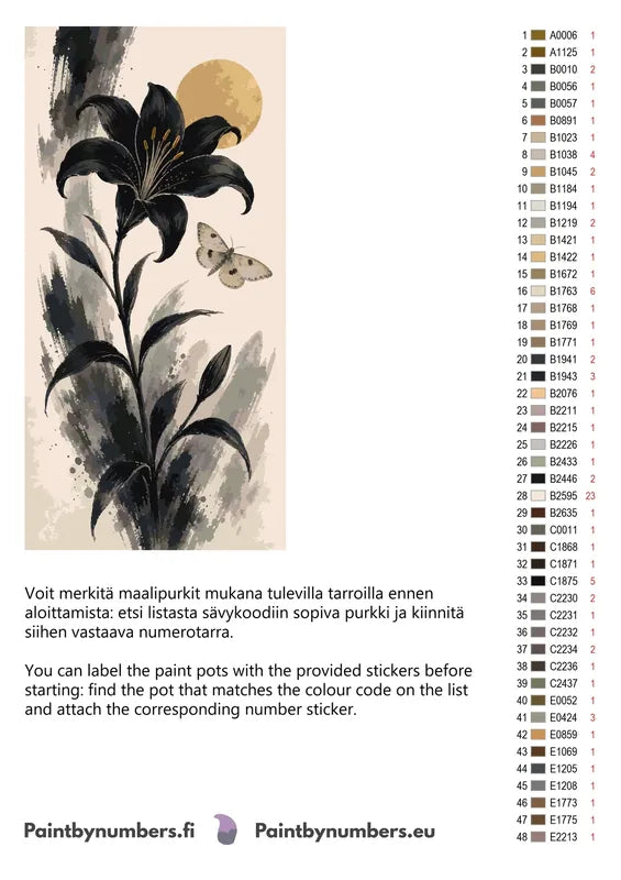 Color chart and instructions - Black Lily and Moth 80x160cm