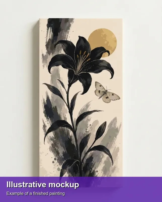 Illustration of the completed paint by numbers - Black Lily and Moth 80x160cm
