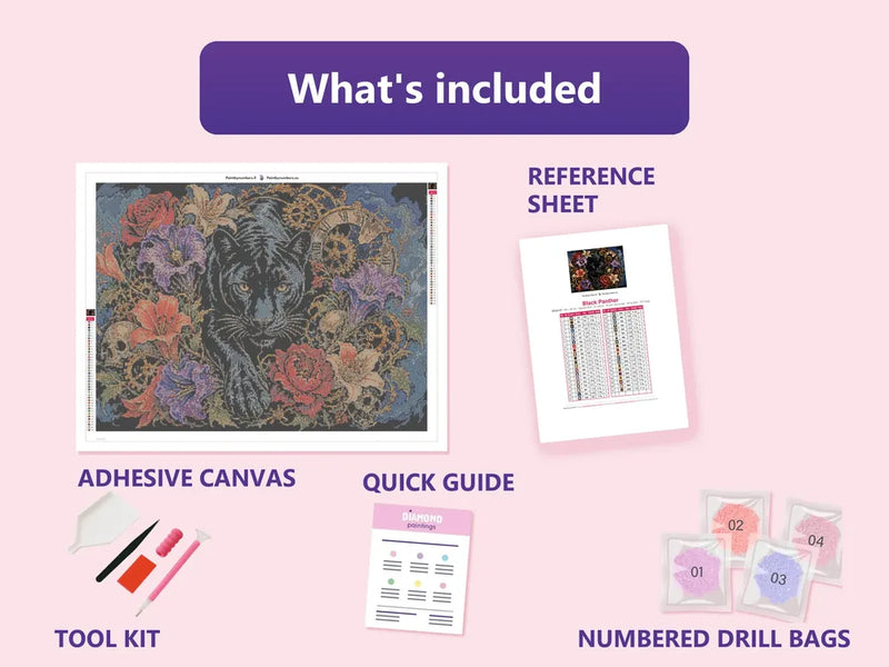 Contents of the Black Panther 80x60cm diamond painting kit: adhesive canvas, color chart, tools, and diamond bags