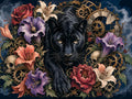 Thumbnail for Diamond painting of a black panther, flowers, skulls, and gears on a dark background.