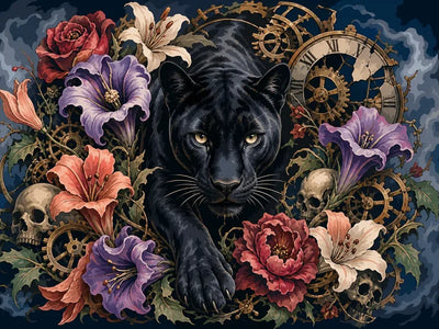 Diamond painting of a black panther, flowers, skulls, and gears on a dark background.