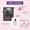 Thumbnail for Black Unicorn 30x40cm diamond painting kit contents: adhesive canvas, color chart, tools and diamond bags