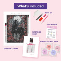Thumbnail for Black Unicorn 30x40cm diamond painting kit contents: adhesive canvas, color chart, tools and diamond bags