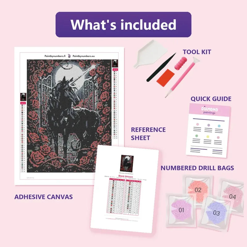 Black Unicorn 30x40cm diamond painting kit contents: adhesive canvas, color chart, tools and diamond bags