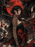 Thumbnail for Diamond Painting of a tattooed samurai woman before a red full moon and temple gate.
