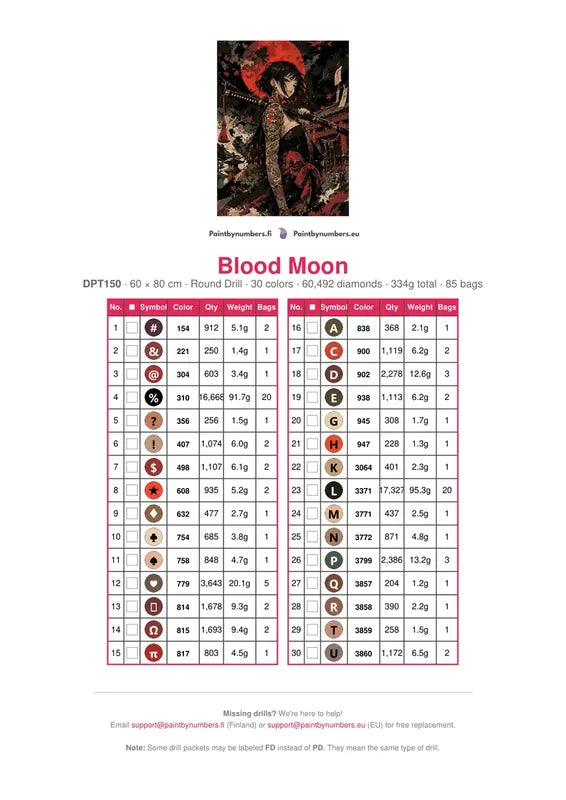 DMC color chart for Blood Moon diamond painting - 30 colors