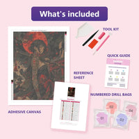 Thumbnail for Blood Moon 60x80cm diamond painting kit contents: adhesive canvas, color chart, tools and diamond bags
