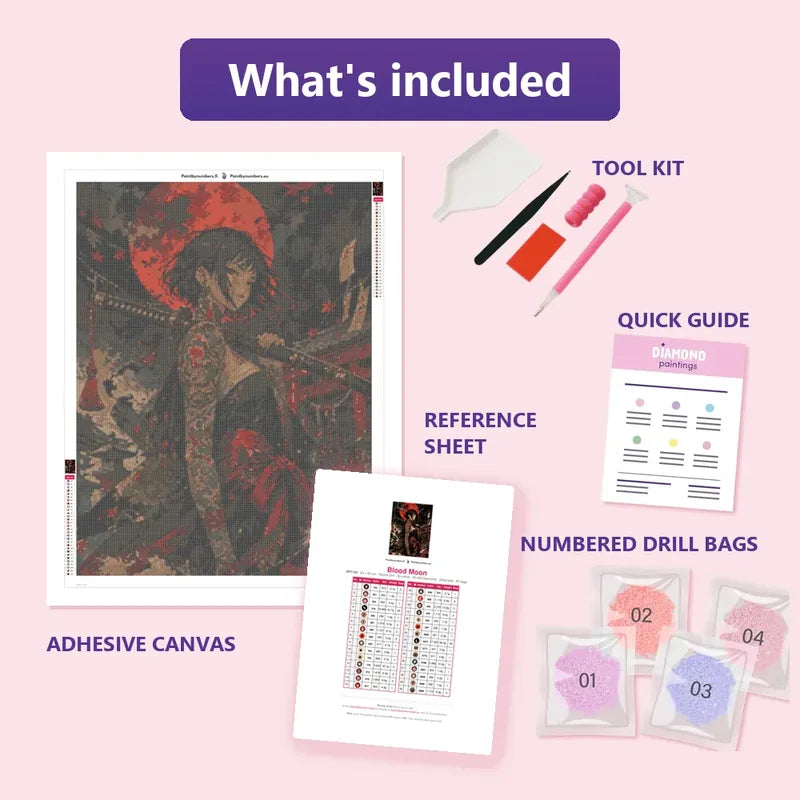 Blood Moon 60x80cm diamond painting kit contents: adhesive canvas, color chart, tools and diamond bags