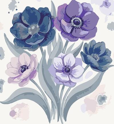 Five blue and purple anemone flowers paint by numbers