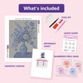 Thumbnail for What is included in the Blue and White Peonies diamond painting kit - adhesive canvas, reference sheet, tools and numbered drill bags