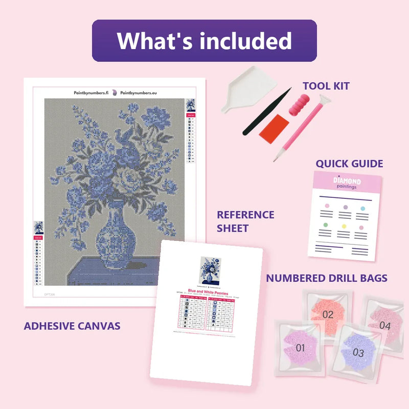 What is included in the Blue and White Peonies diamond painting kit - adhesive canvas, reference sheet, tools and numbered drill bags