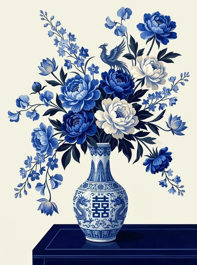 Diamond Painting of blue and white porcelain vase with floral bouquet and bird.