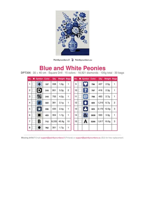 DMC color chart for Blue and White Peonies diamond painting - 15 colors