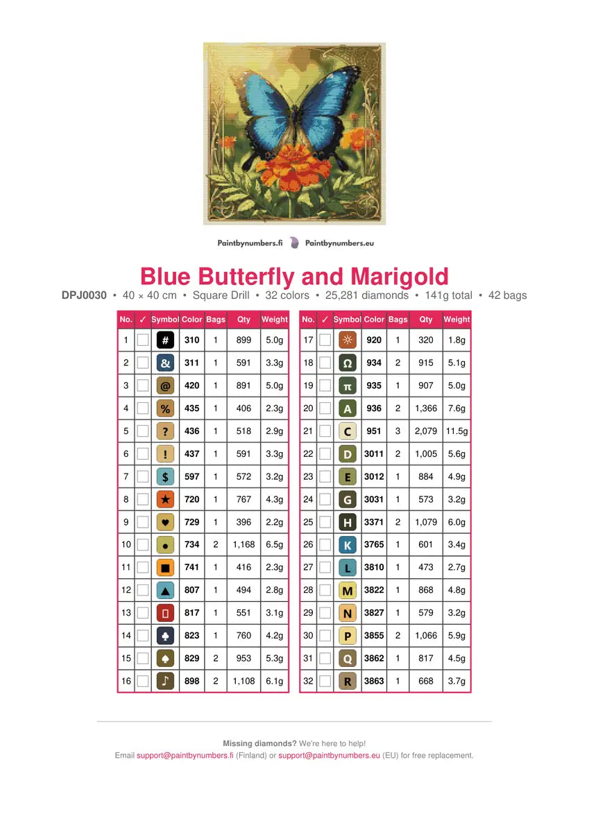 Color chart for Blue Butterfly and Marigold diamond painting – 32 DMC colors