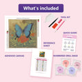 Thumbnail for Blue Butterfly and Marigold 40x40cm diamond painting kit contents: adhesive canvas, color chart, tools and diamond bags