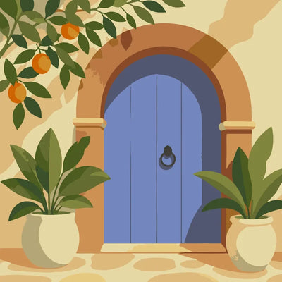 Blue door, potted plants, and orange tree branch paint by numbers.