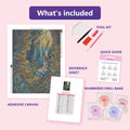 Thumbnail for What is included in the Blue Dress Girl diamond painting kit - adhesive canvas, reference sheet, tools and numbered drill bags