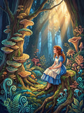 Thumbnail for Diamond Painting of a fairytale forest with a girl sitting on a stump surrounded by ornate mushrooms.