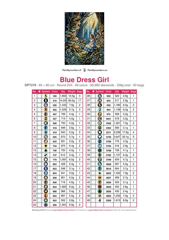 DMC color chart for Blue Dress Girl diamond painting - 49 colors