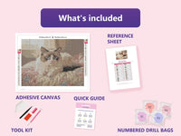 Thumbnail for Blue-Eyed Cat 40x30cm diamond painting kit contents: adhesive canvas, color chart, tools and diamond bags