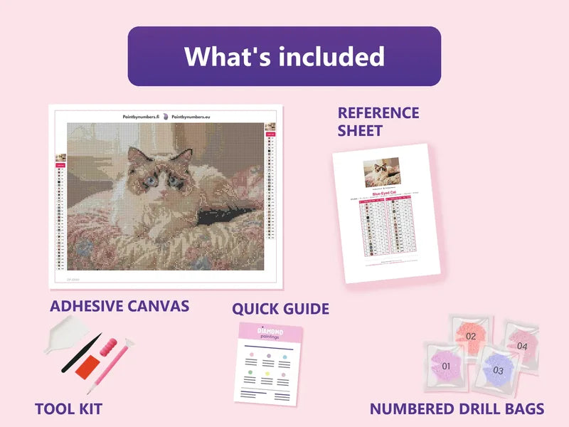 Blue-Eyed Cat 40x30cm diamond painting kit contents: adhesive canvas, color chart, tools and diamond bags
